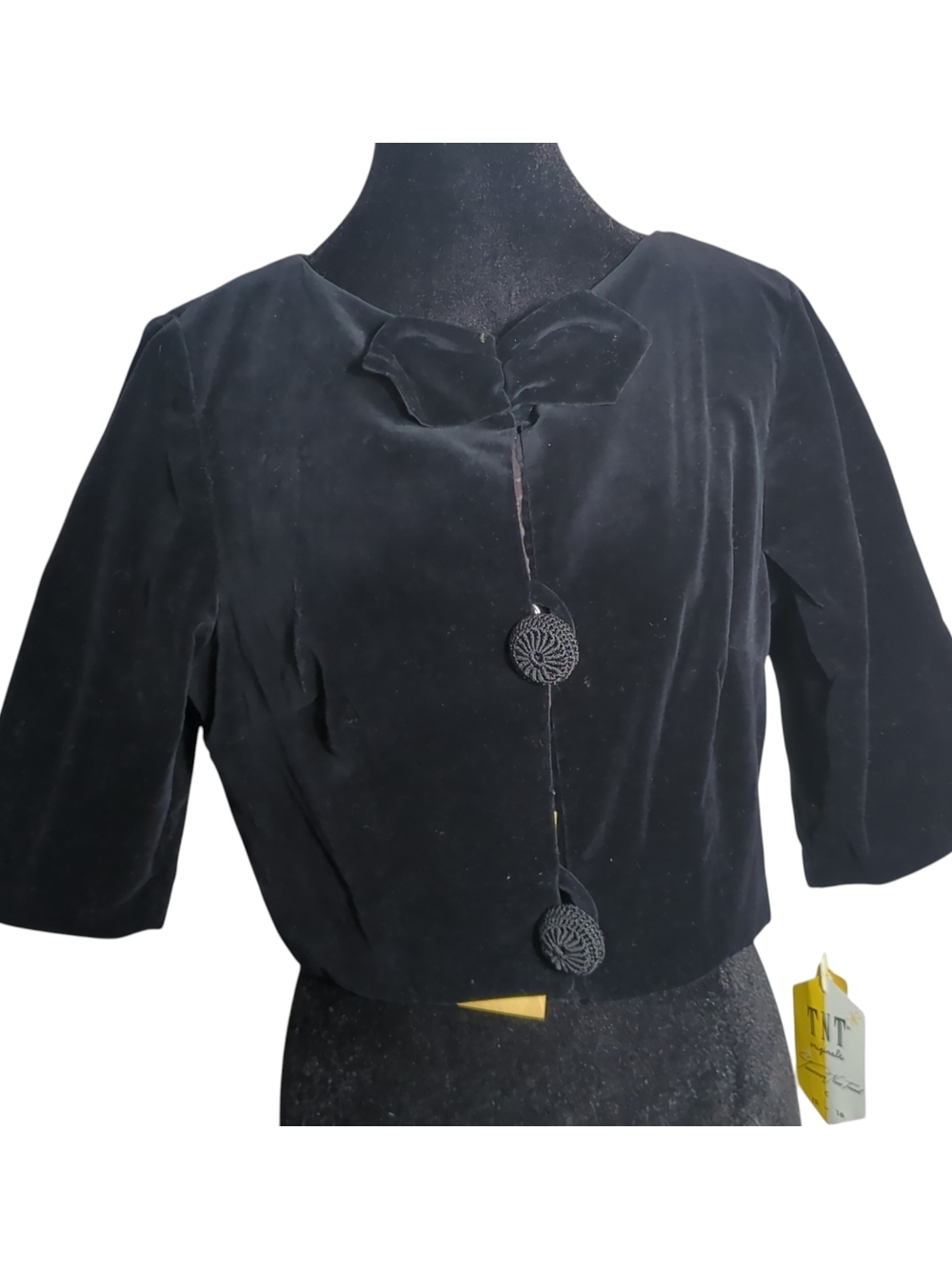 Vintage 90's Black Velvet Cropped Jacket Bow Detail Top Bridgerton Vibe Sz 15/16